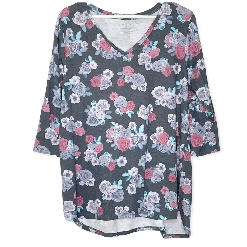 Lane Bryant Gray Pink Floral 3/4 Sleeve Pullover Top V Neck Women’s Size 14/16